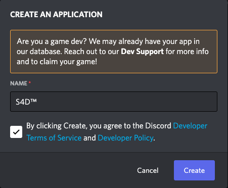 Discord Developer Portal﹣"Create an Application" Modal