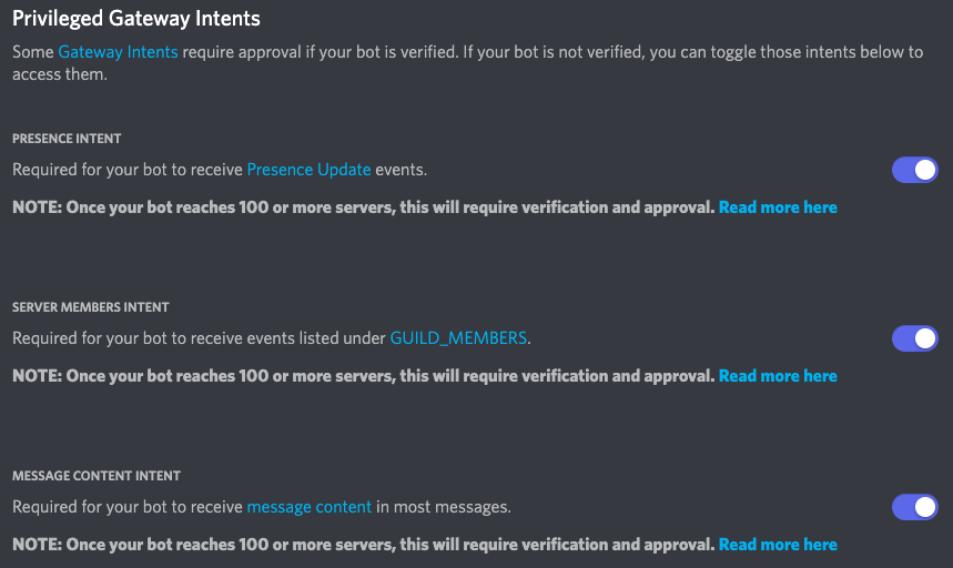 Discord Developer Portal﹣"Privileged Gateway Intents" Section